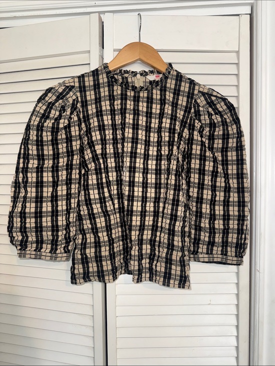 Levi's Tops - Levi's Black & Cream Plaid Puff Sleeve Top - S